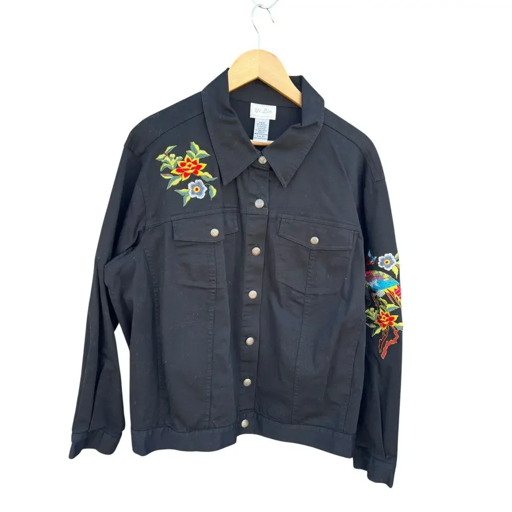 Yi Lin Women's Shirt Flower Peacock Embroidered Button Up Black Plus Size 2X